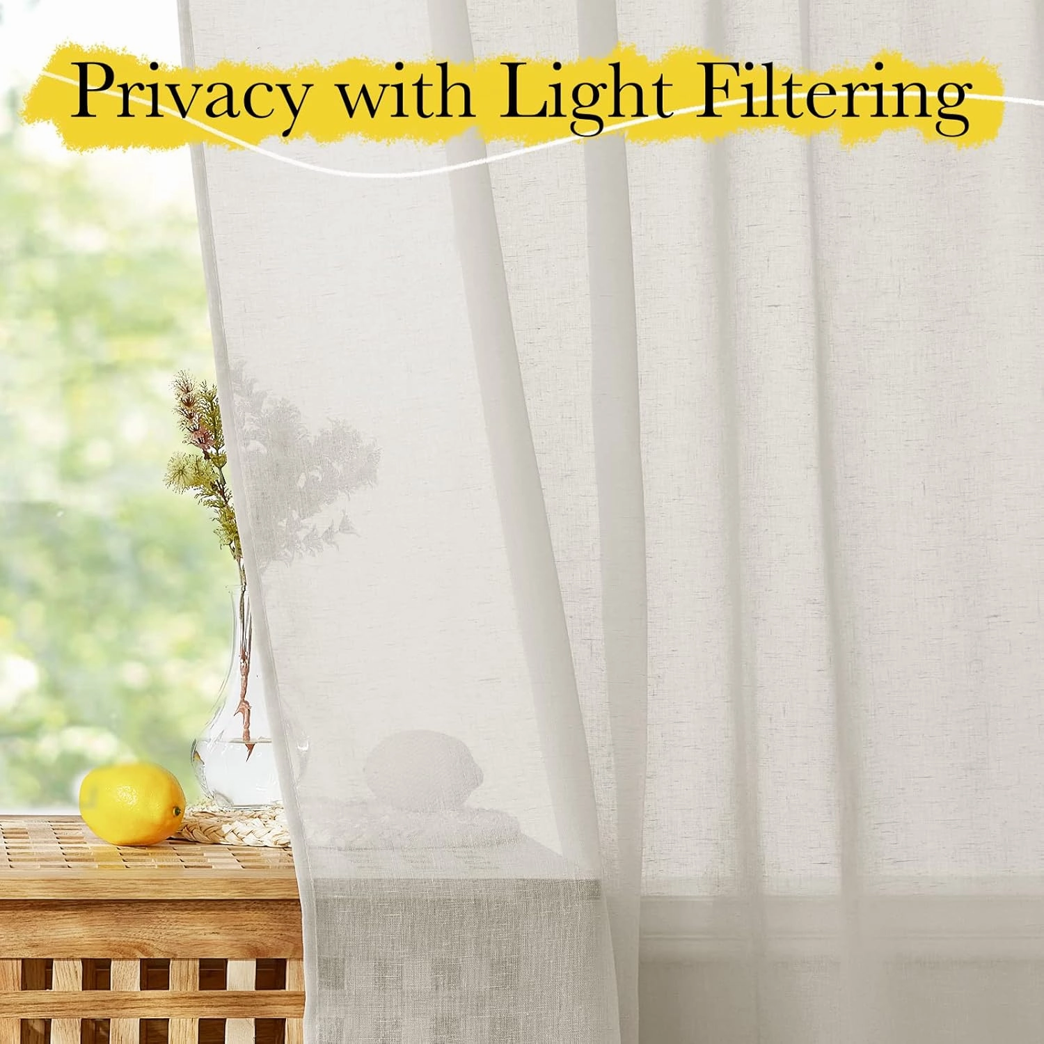 NICETOWN Semi Sheer Light Filtering Linen Curtains for Windows 95 inch Length, Rod Pocket & Back Tab Linen Blend Vertical Drapes Privacy for Bedroom/Living Room, Natural, W52 x L95, 2 Pieces