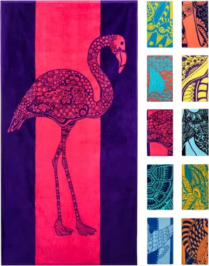 Nova Blue Flamingo Beach Towel – Pink and Purple with A Cute Design, Extra Large, XL (34”x 63”) Absorbent & Portable, Lightweight, Pink Beach Towel, Made from 100% Cotton