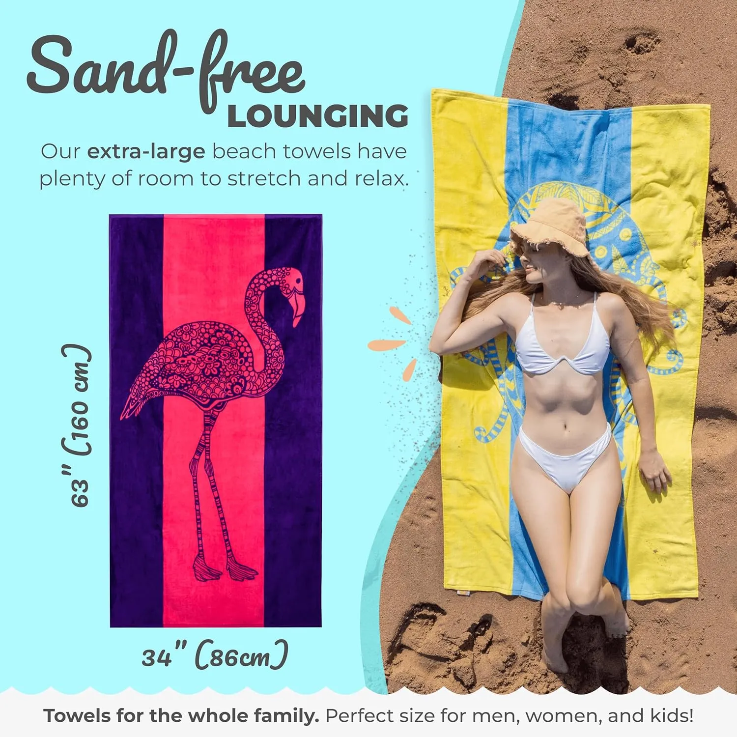 Nova Blue Flamingo Beach Towel – Pink and Purple with A Cute Design, Extra Large, XL (34”x 63”) Absorbent & Portable, Lightweight, Pink Beach Towel, Made from 100% Cotton