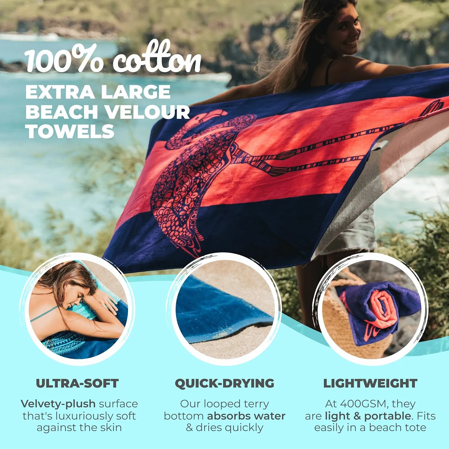 Nova Blue Flamingo Beach Towel – Pink and Purple with A Cute Design, Extra Large, XL (34”x 63”) Absorbent & Portable, Lightweight, Pink Beach Towel, Made from 100% Cotton