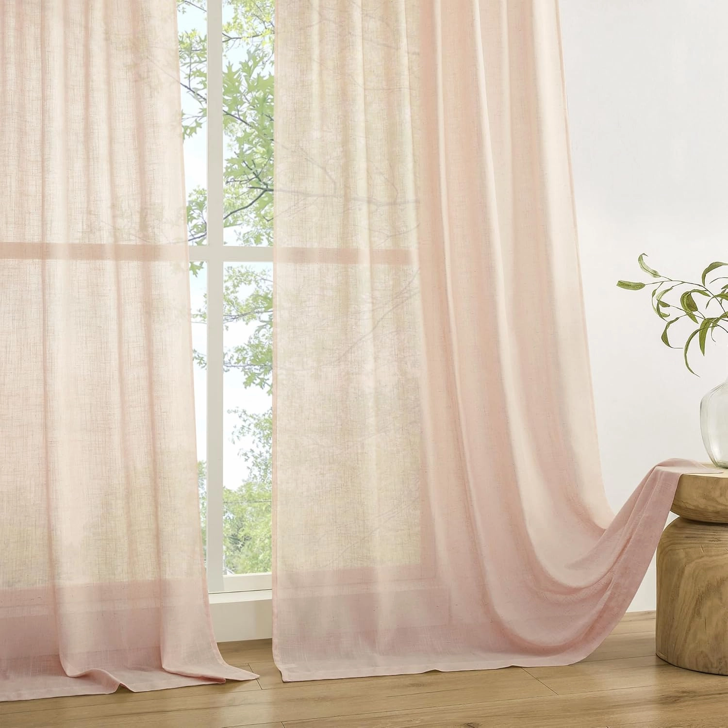 Novecozy Natural Linen Blush Pink Semi Sheer Curtains 90 Inch Long 2 Panels Set for Bedroom Living Room, Backtab Rod Pocket Farmhouse Boho Linen Textured Light Filtering Window Drapes, Peach Pink