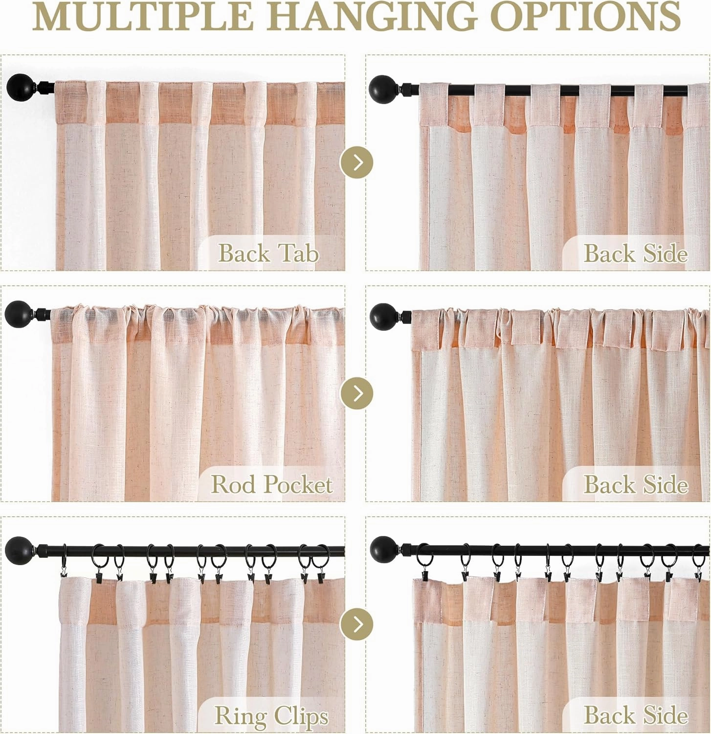 Novecozy Natural Linen Blush Pink Semi Sheer Curtains 90 Inch Long 2 Panels Set for Bedroom Living Room, Backtab Rod Pocket Farmhouse Boho Linen Textured Light Filtering Window Drapes, Peach Pink
