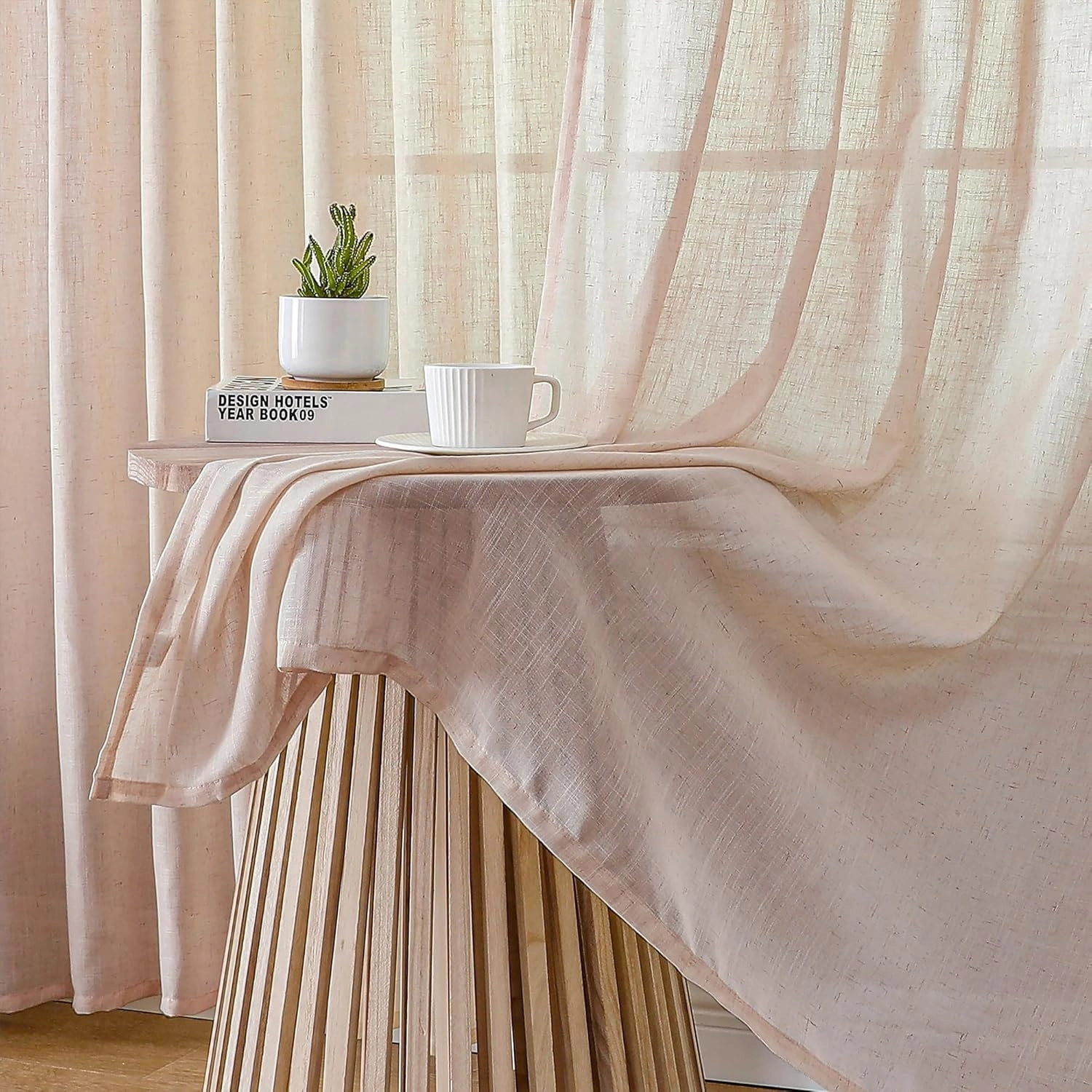 Novecozy Natural Linen Blush Pink Semi Sheer Curtains 90 Inch Long 2 Panels Set for Bedroom Living Room, Backtab Rod Pocket Farmhouse Boho Linen Textured Light Filtering Window Drapes, Peach Pink