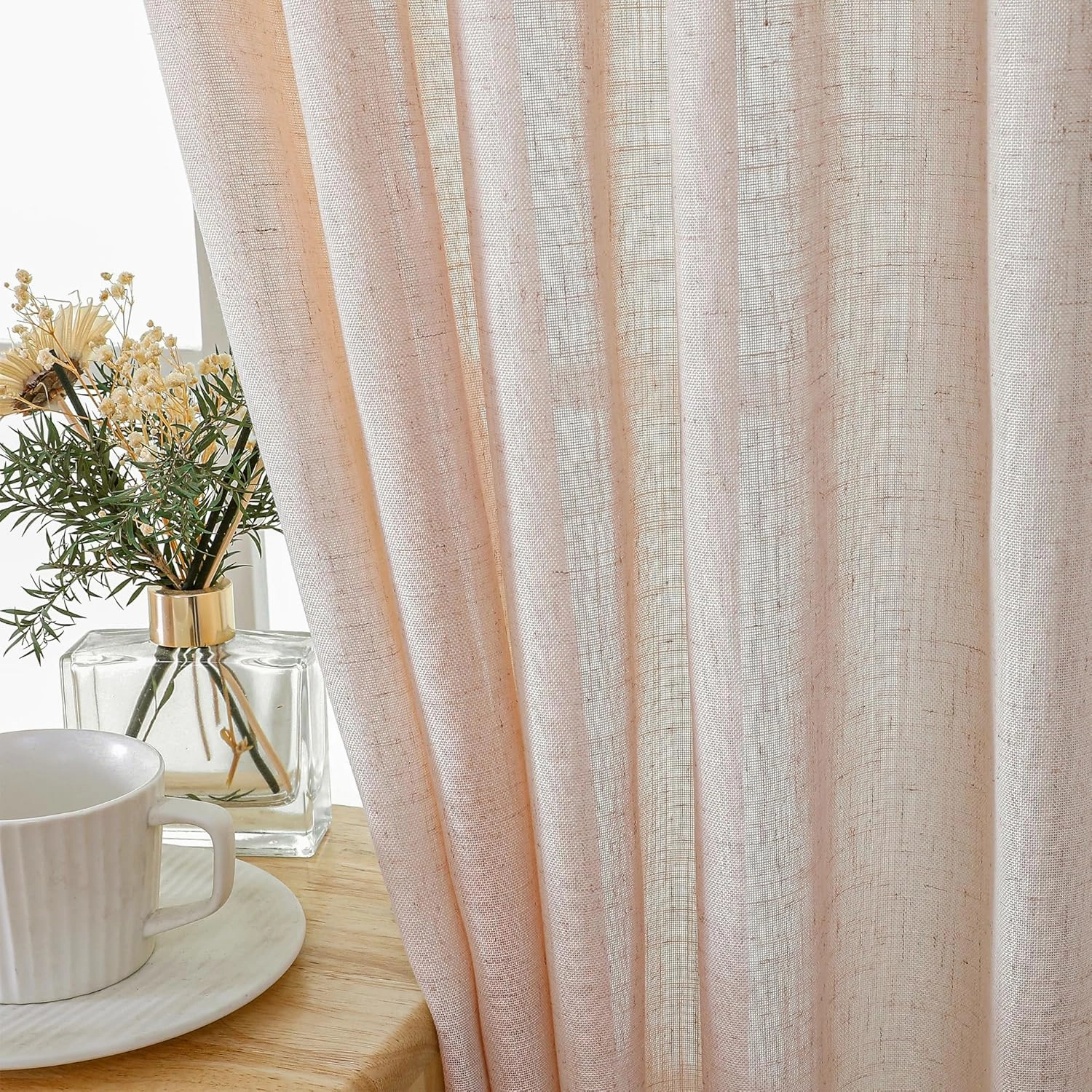 Novecozy Natural Linen Blush Pink Semi Sheer Curtains 90 Inch Long 2 Panels Set for Bedroom Living Room, Backtab Rod Pocket Farmhouse Boho Linen Textured Light Filtering Window Drapes, Peach Pink