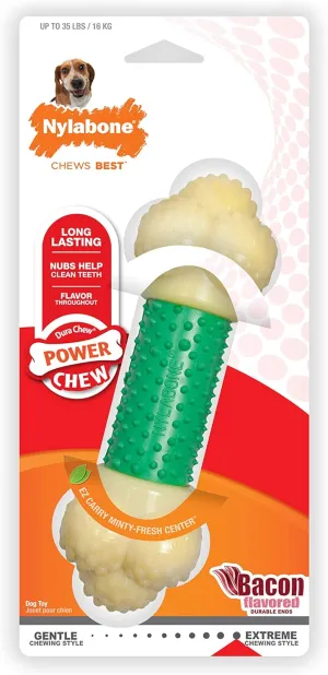 Nylabone Double Action Bone Power Chew Toy for Dogs, Rubber Dog Toys for Moderate & Aggressive Chewers, Bacon Flavor, Medium - Up to 35 lbs, 1 Count