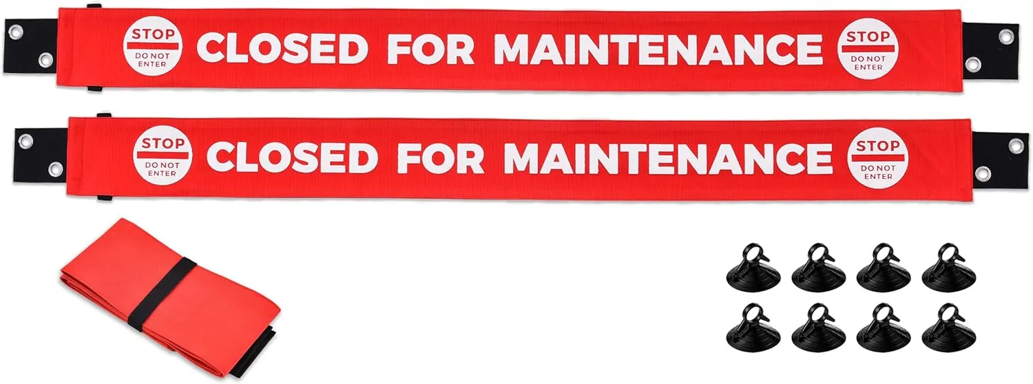 Nylon Bathroom & Restroom Closed for Maintenance Door Barricade Sign with Magnetic & Suction Cup Ends (2 Pack)