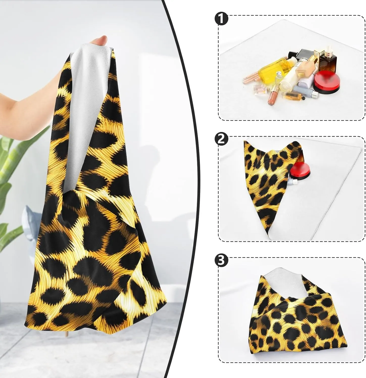 ODAWA Leopard Print Self Adhesive Cloth 21.7X21.7 Inch Magic Flexible Folding Self-Stick Makeup Bag Portable Cosmetic Bag for Travelling