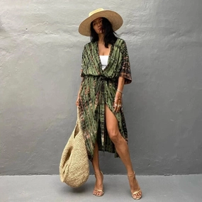 Olive Green Boho Kimono Dress - Lightweight Summer Beachwear