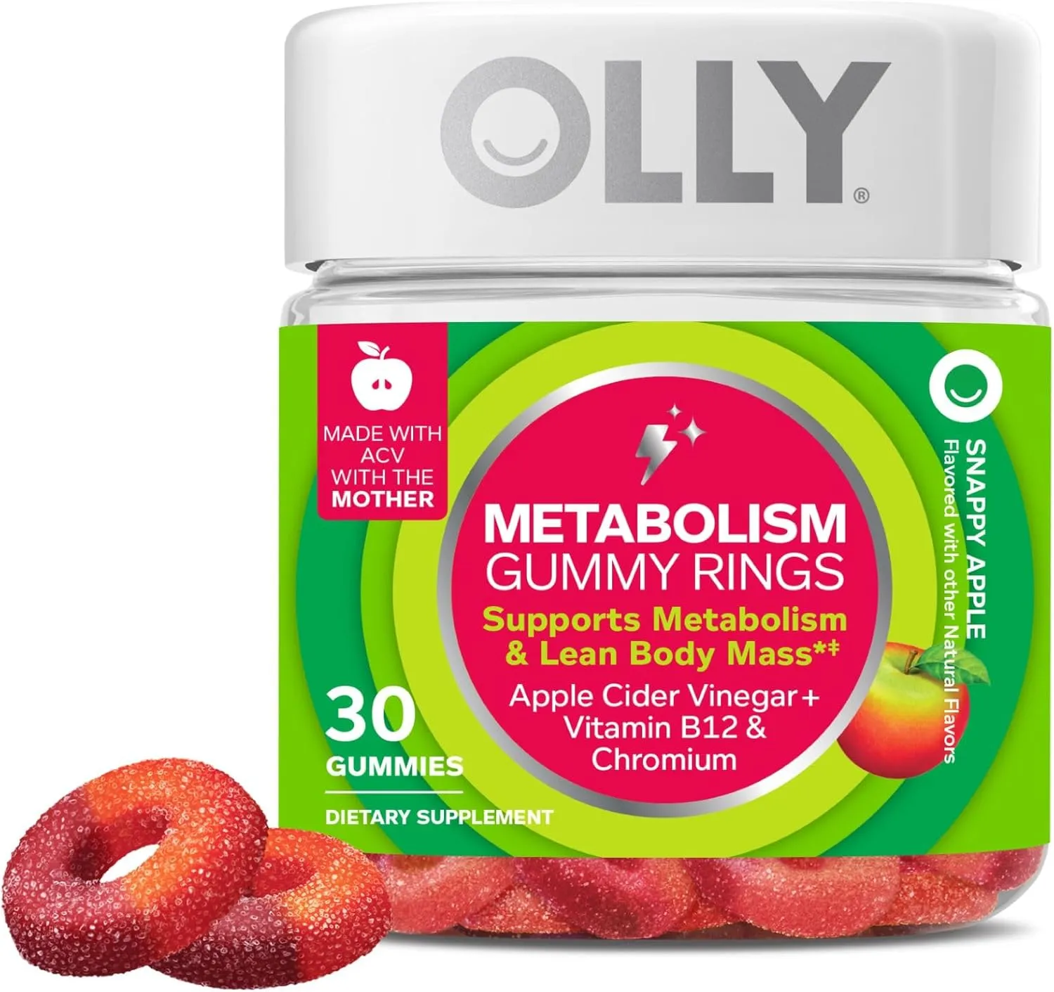 OLLY Metabolism Gummy Rings, Apple Cider Vinegar, Vitamin B12, Chromium, Energy and Digestive Health, Chewable Supplement, Apple Flavor - 30 Count