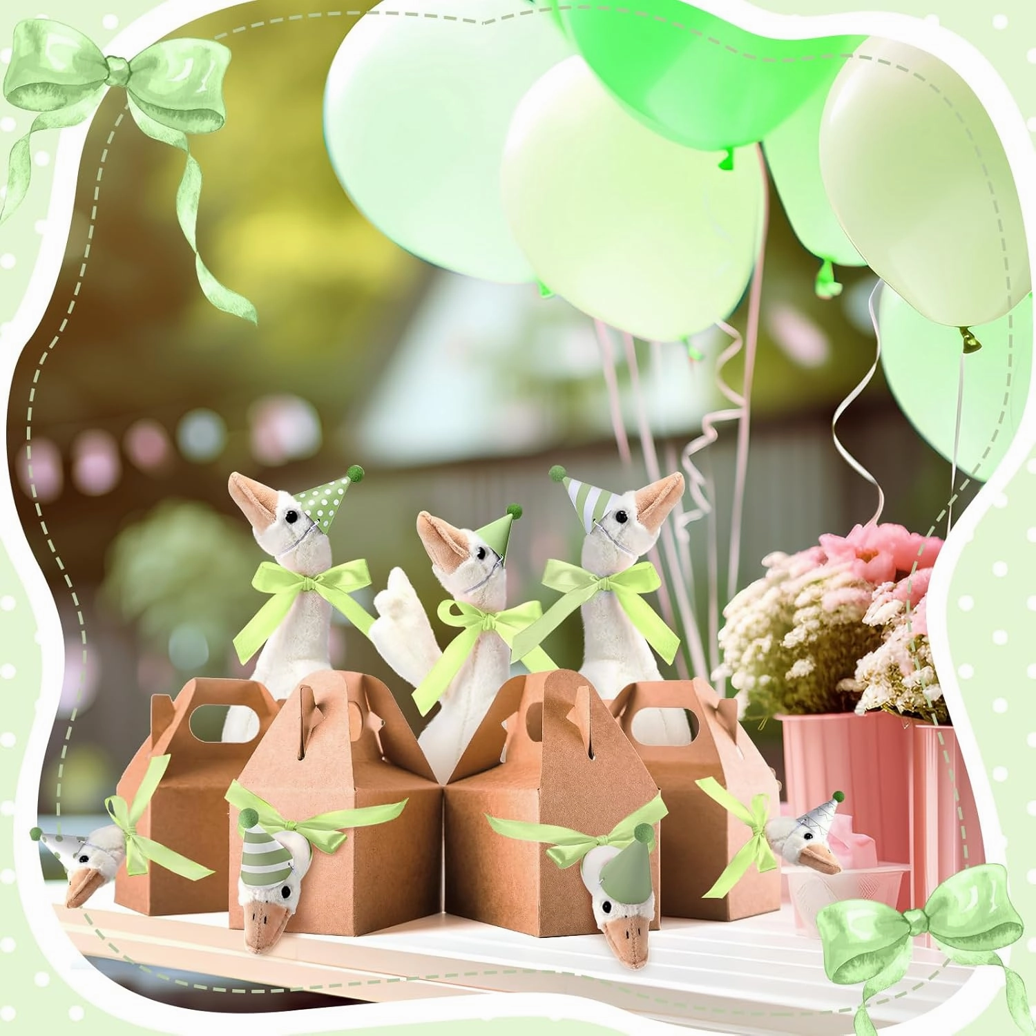 One Silly Goose Party Favors Stuffed Animal Plush Toy and Mini Birthday Party Hats with Ribbon Bow
