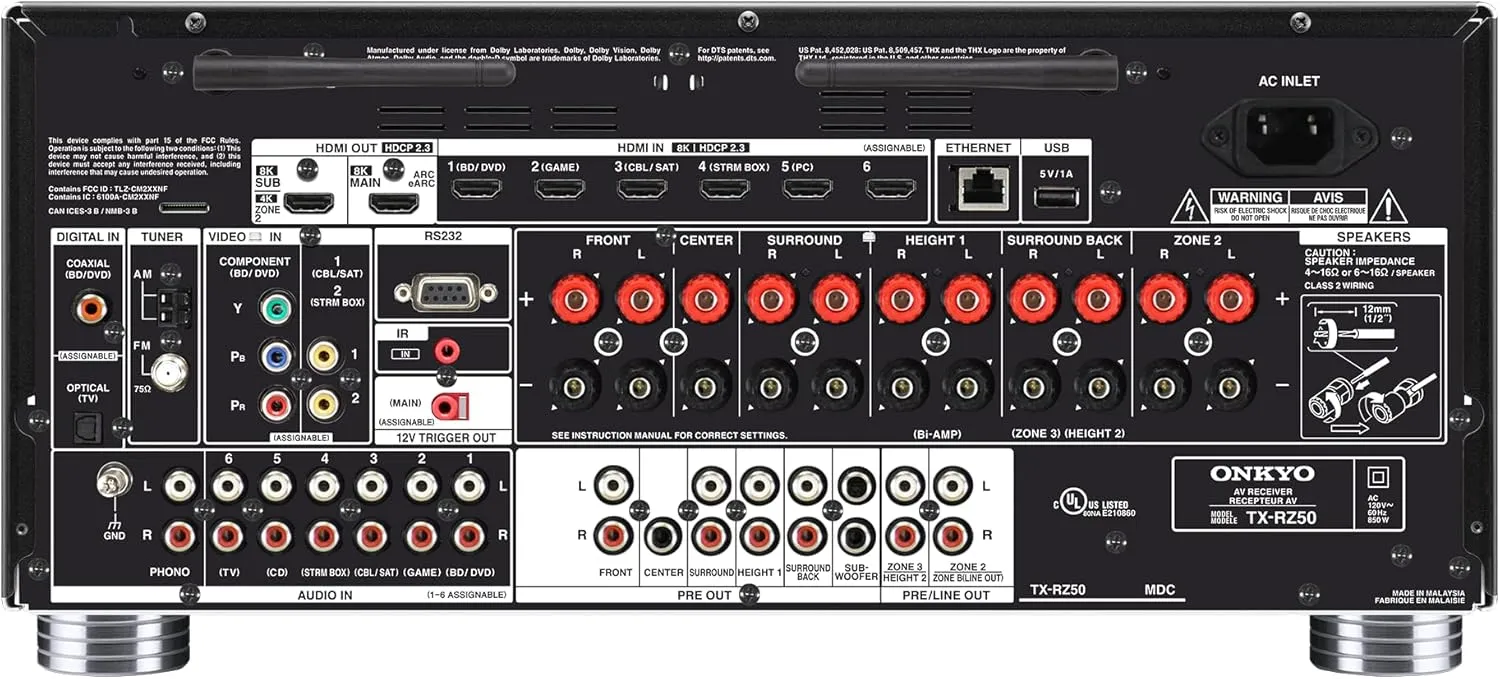 Onkyo TX-RZ50 9.2-Channel AV Receiver - 120 Watts Per Channel, Dirac Live Out of Box, Works with Sonos Certified, THX Certified and More