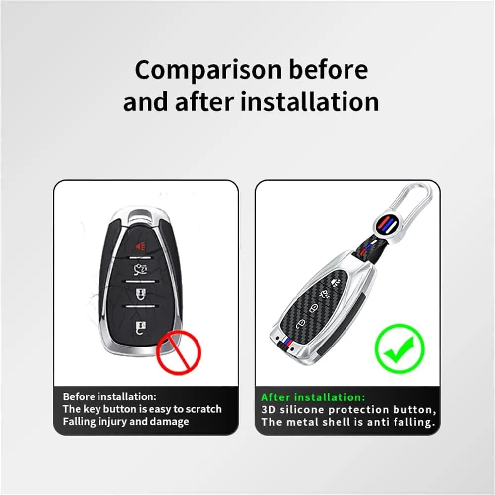 ontto 4-Button Key Fob Case Carbon Texture Key Skin Fit for Chevrolet 2016-up for Traverse Seeker Encore Equinox Trave Captiva Lacetti Aveo,Metal Outer Key Protector Soft Silicone Key Bag,Silver
