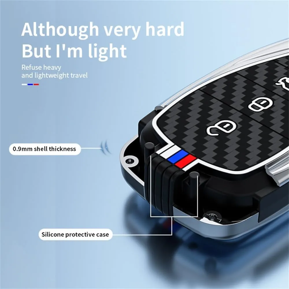 ontto 4-Button Key Fob Case Carbon Texture Key Skin Fit for Chevrolet 2016-up for Traverse Seeker Encore Equinox Trave Captiva Lacetti Aveo,Metal Outer Key Protector Soft Silicone Key Bag,Silver