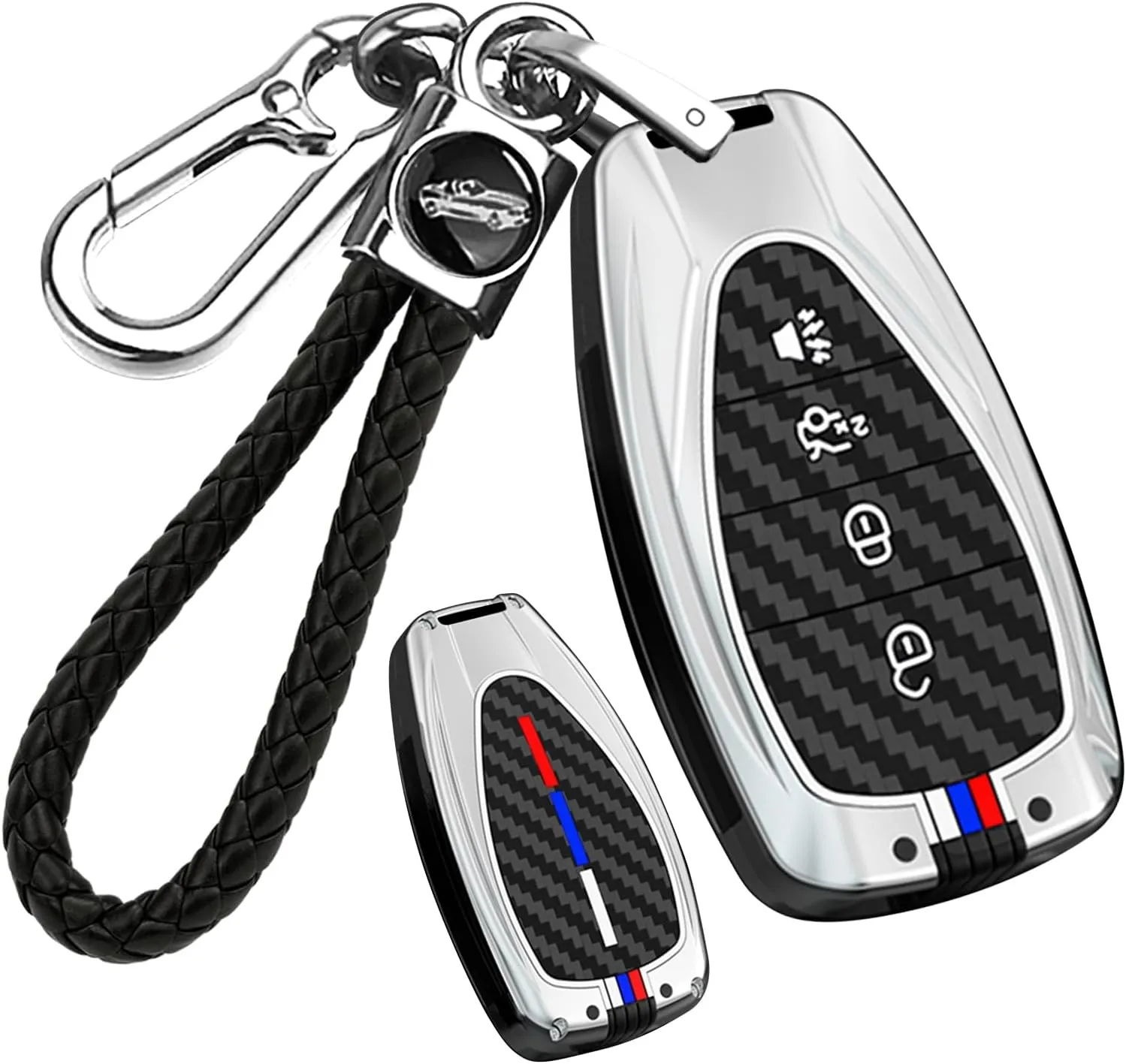ontto 4-Button Key Fob Case Carbon Texture Key Skin Fit for Chevrolet 2016-up for Traverse Seeker Encore Equinox Trave Captiva Lacetti Aveo,Metal Outer Key Protector Soft Silicone Key Bag,Silver