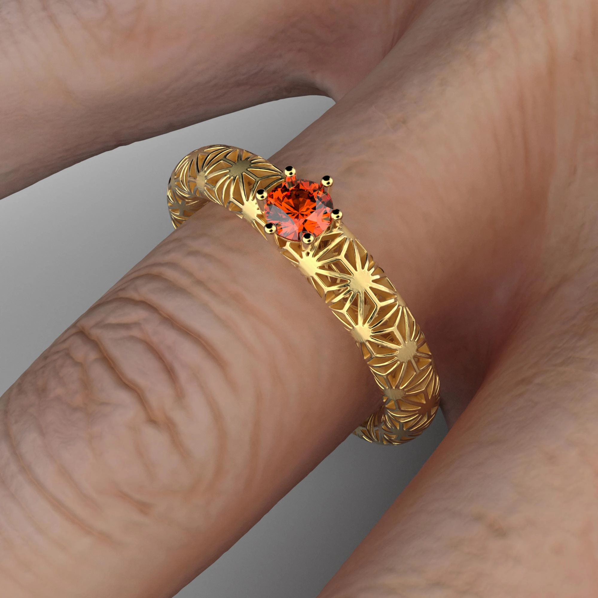 Orange Sapphire Engagement Ring Sashiko Pattern