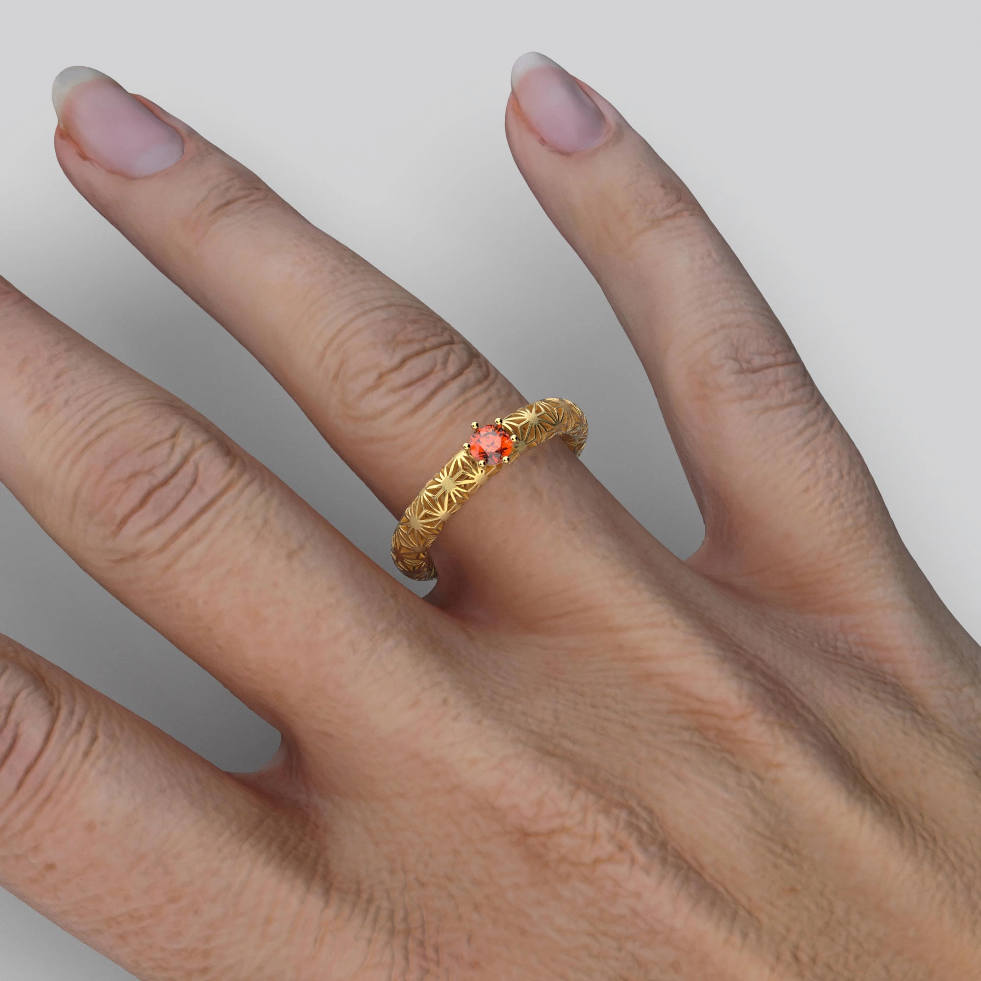 Orange Sapphire Engagement Ring Sashiko Pattern