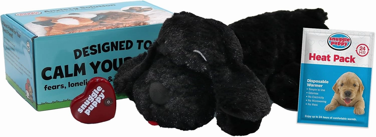 Original Snuggle Puppy Toys - Heartbeat Puppy for Dogs - Pet Anxiety Relief and Calming Aid - Comfort Dog Toys for Behavioral Training in Black