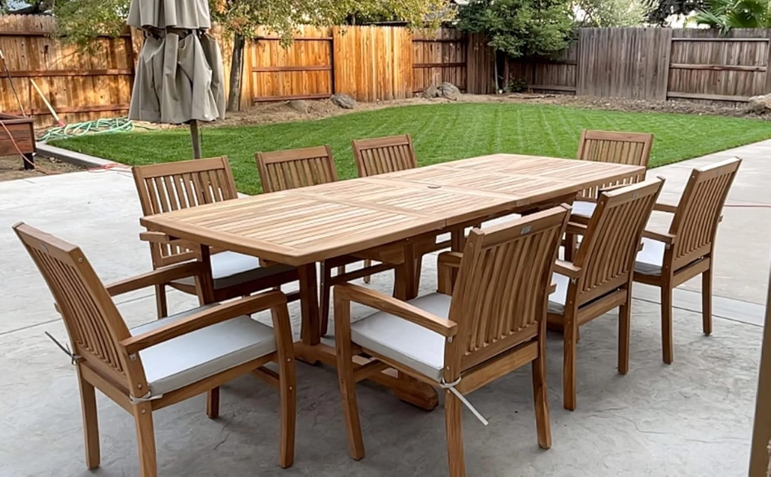 Outdoor Patio Furniture. New 9pc Indonesian Grade-A Teak Dining Set - Rectangle 95"x40" Table & 8 Patara Stacking Arm Chairs. Fine Sanded Indonesian Teak