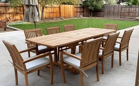 Outdoor Patio Furniture. New 9pc Indonesian Grade-A Teak Dining Set - Rectangle 95"x40" Table & 8 Patara Stacking Arm Chairs. Fine Sanded Indonesian Teak