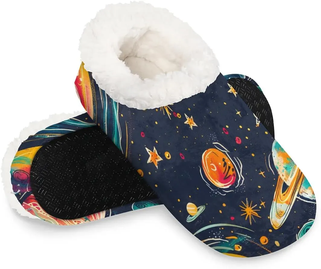 Outer Space Solar System of Planets Milky Way Neptune Venus Mercury Sphere Illustration Women's Soft Slippers Fuzzy Slip On House Slippers for Winter Bedroom Outdoor with Fleece Lining