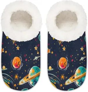 Outer Space Solar System of Planets Milky Way Neptune Venus Mercury Sphere Illustration Women's Soft Slippers Fuzzy Slip On House Slippers for Winter Bedroom Outdoor with Fleece Lining