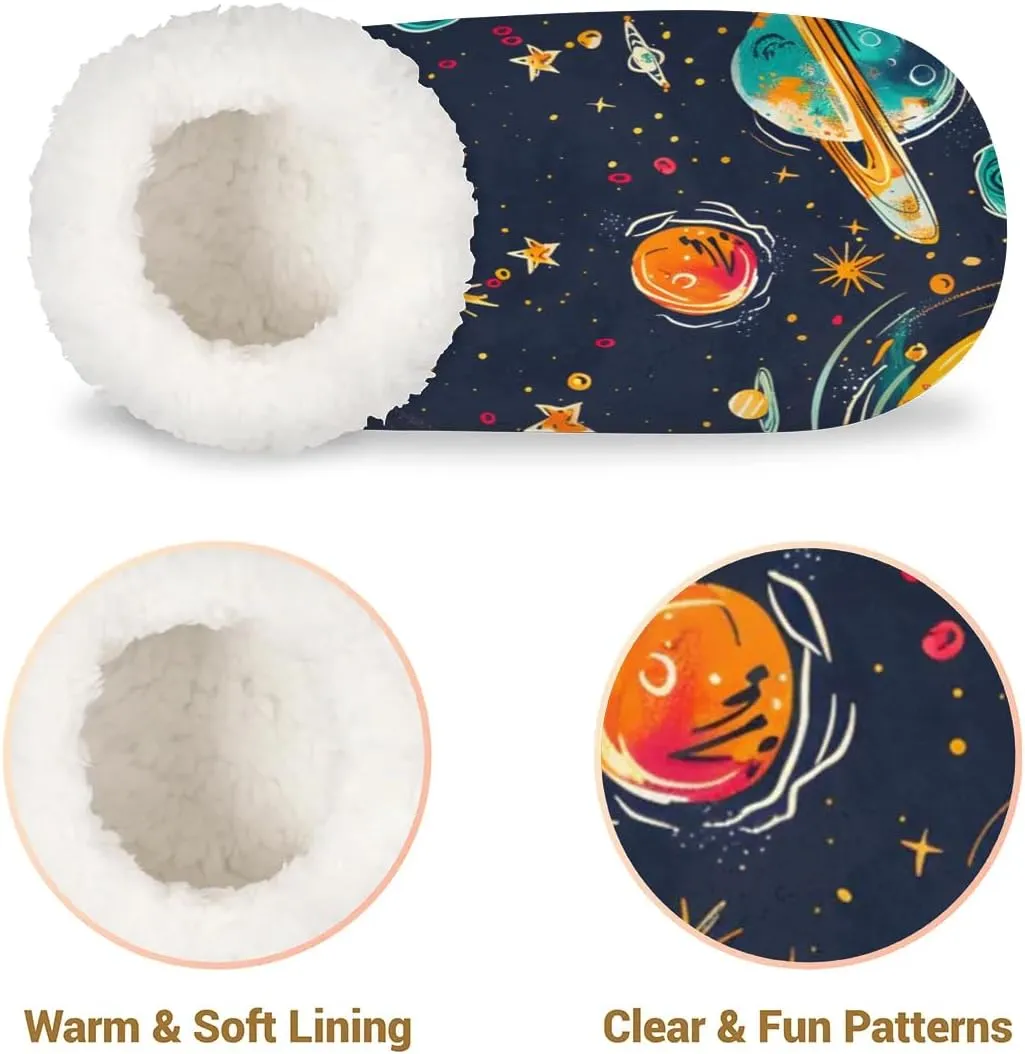 Outer Space Solar System of Planets Milky Way Neptune Venus Mercury Sphere Illustration Women's Soft Slippers Fuzzy Slip On House Slippers for Winter Bedroom Outdoor with Fleece Lining