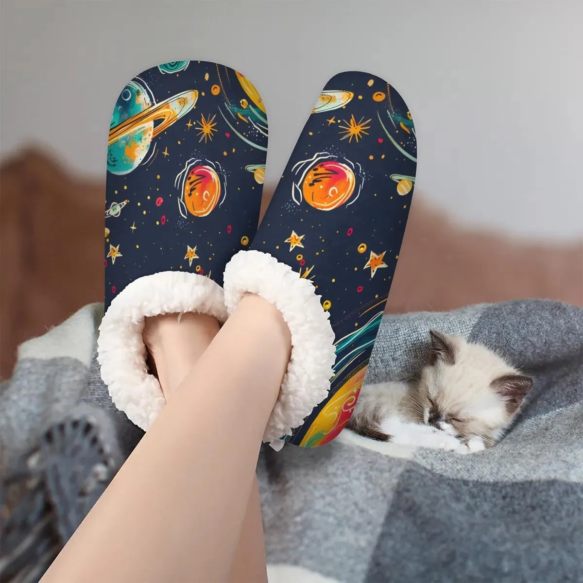 Outer Space Solar System of Planets Milky Way Neptune Venus Mercury Sphere Illustration Women's Soft Slippers Fuzzy Slip On House Slippers for Winter Bedroom Outdoor with Fleece Lining