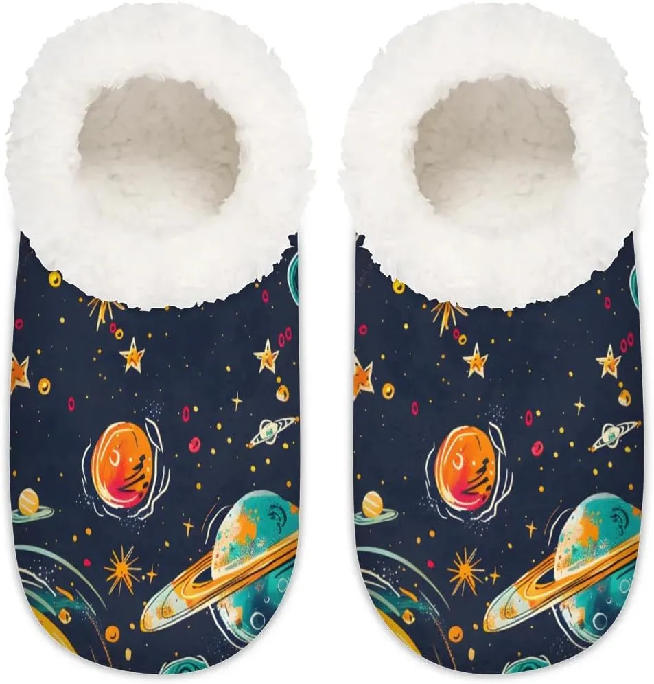 Outer Space Solar System of Planets Milky Way Neptune Venus Mercury Sphere Illustration Women's Soft Slippers Fuzzy Slip On House Slippers for Winter Bedroom Outdoor with Fleece Lining