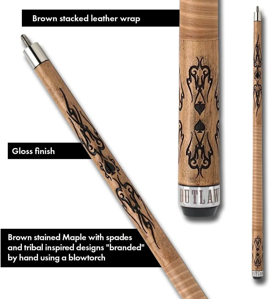 OUTLAW OL18 Original Pool Cue - Natural Stained Maple with Barbs and Spade Design