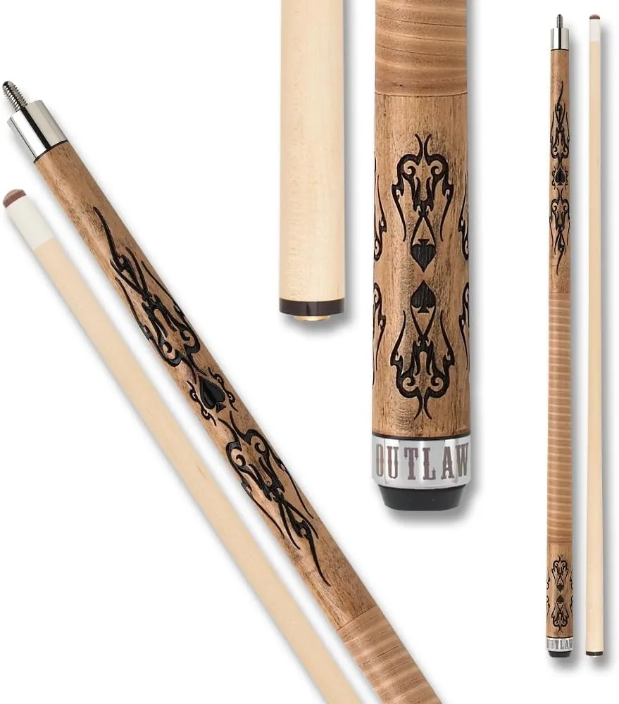 OUTLAW OL18 Original Pool Cue - Natural Stained Maple with Barbs and Spade Design