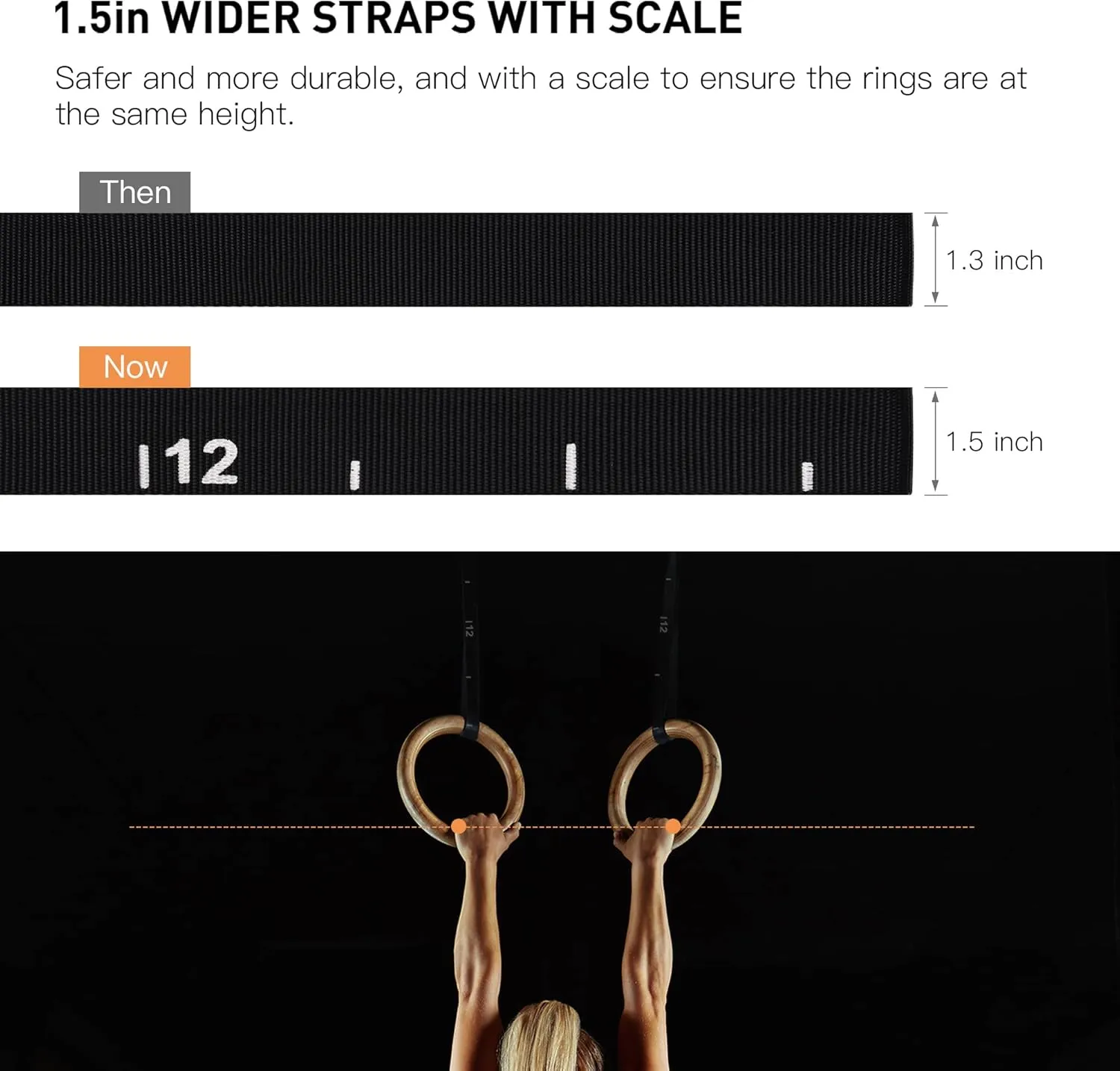 PACEARTH Gymnastics Rings Wooden Olympic Rings 1500/1000lbs with Adjustable Cam Buckle 14.76ft/9ft Long Straps with Scale Non-Slip Gym Rings for Home Gym Full Body Workout