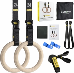 PACEARTH Gymnastics Rings Wooden Olympic Rings Support 1500lbs Locked Carabiners 9ft Double-Layer Numbered Straps Non-Slip Gym Rings with Foot Straps Door Anchor for Home Gym Full Body Workout