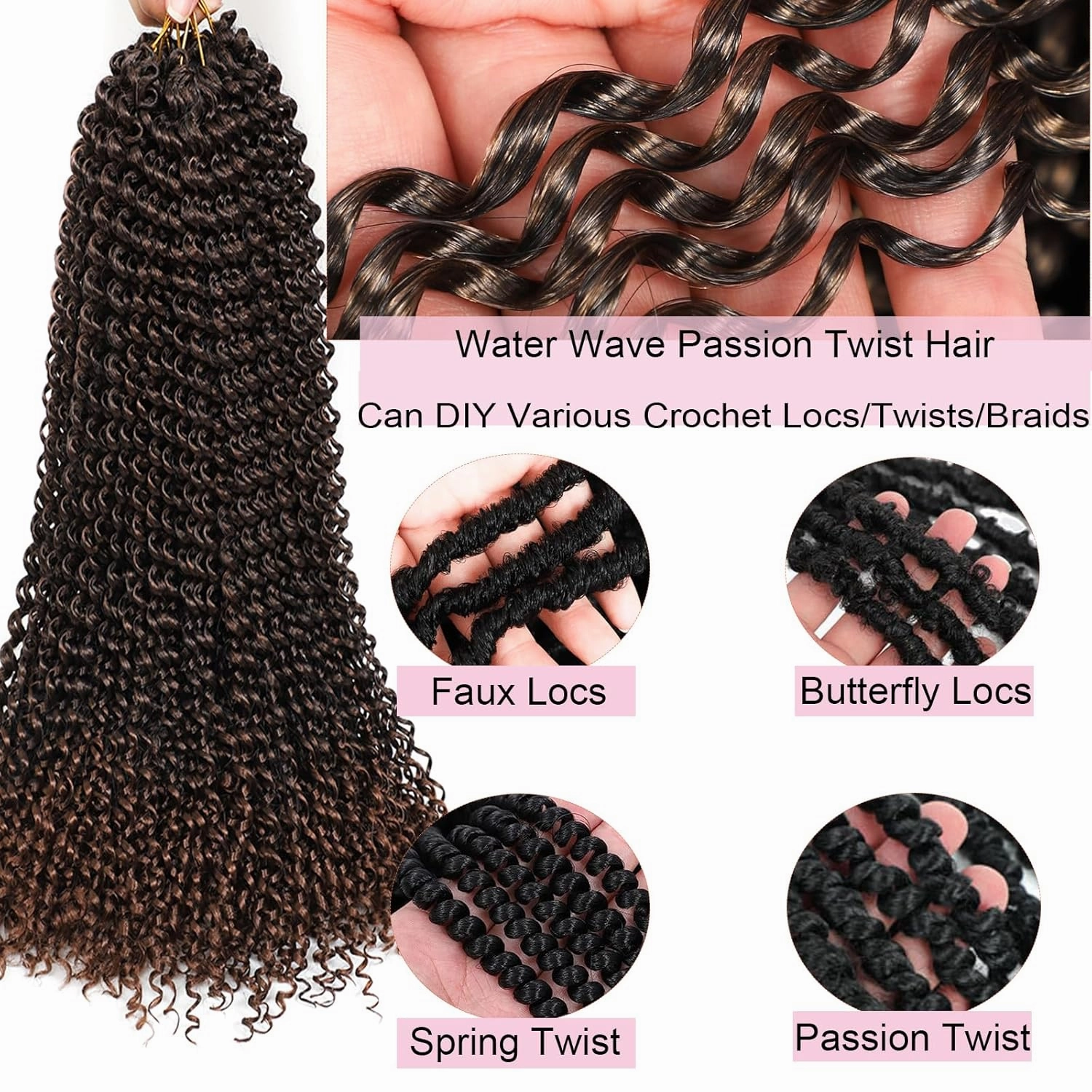 Passion Twist Hair 14 Inch 7 Packs Water Wave Crochet Hair Black Wrap Braiding Hair For Passion Twist Crochet Hair/Butterfly Locs/Spring Twist Crochet Braids Boho Hair Extension (14 Inch, T1B/30#)