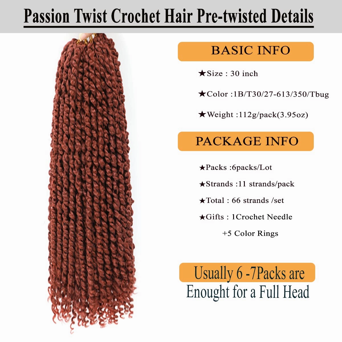 Passion Twist Hair 30 Inch Ginger Color Long Pre-twisted Passion Twists Crochet Hair Copper Red Pre-looped Curly Crochet Hair for Black Women (6Packs,350)