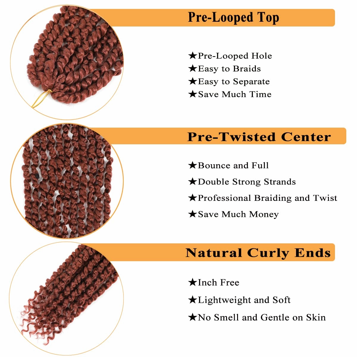 Passion Twist Hair 30 Inch Ginger Color Long Pre-twisted Passion Twists Crochet Hair Copper Red Pre-looped Curly Crochet Hair for Black Women (6Packs,350)