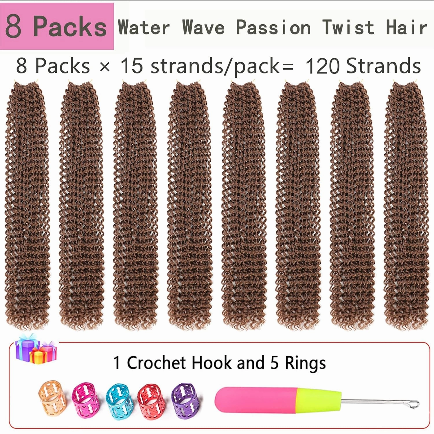 Passion Twist Hair Brown 24 Inch 8 Packs Water Wave Crochet Hair For Black Women Curly Braiding Hair Long Spring Twist Hair Synthetic Hair Extension (24 Inch (Pack of 8), 30#)
