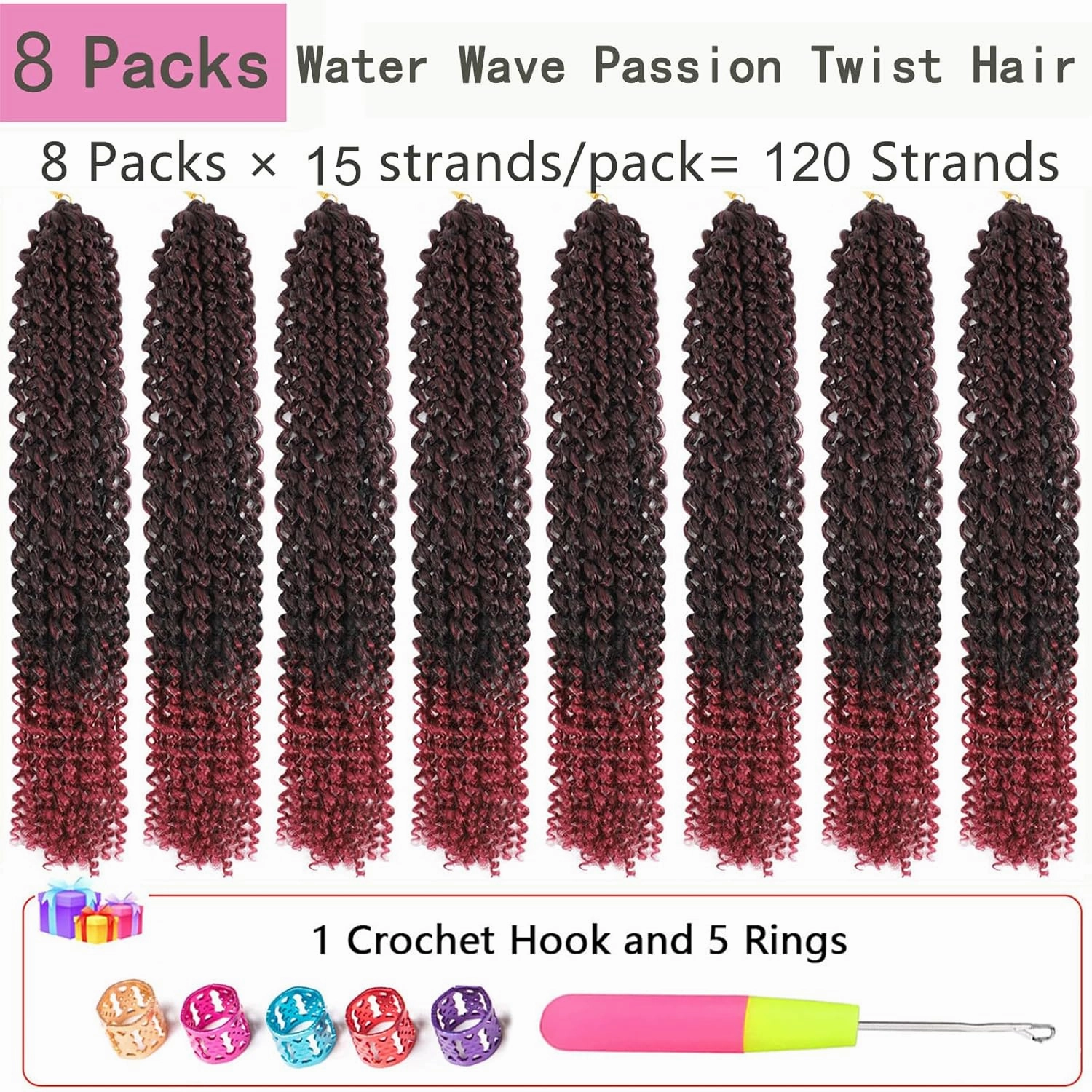 Passion Twist Hair Burgundy Red 18 Inch 8 Packs Passion Twist Crochet Hair Water Wave Braiding Hair Long Spring Twist Hair Crochet Braids Synthetic Hair Extension (18 Inch (Pack of 8), TBG)