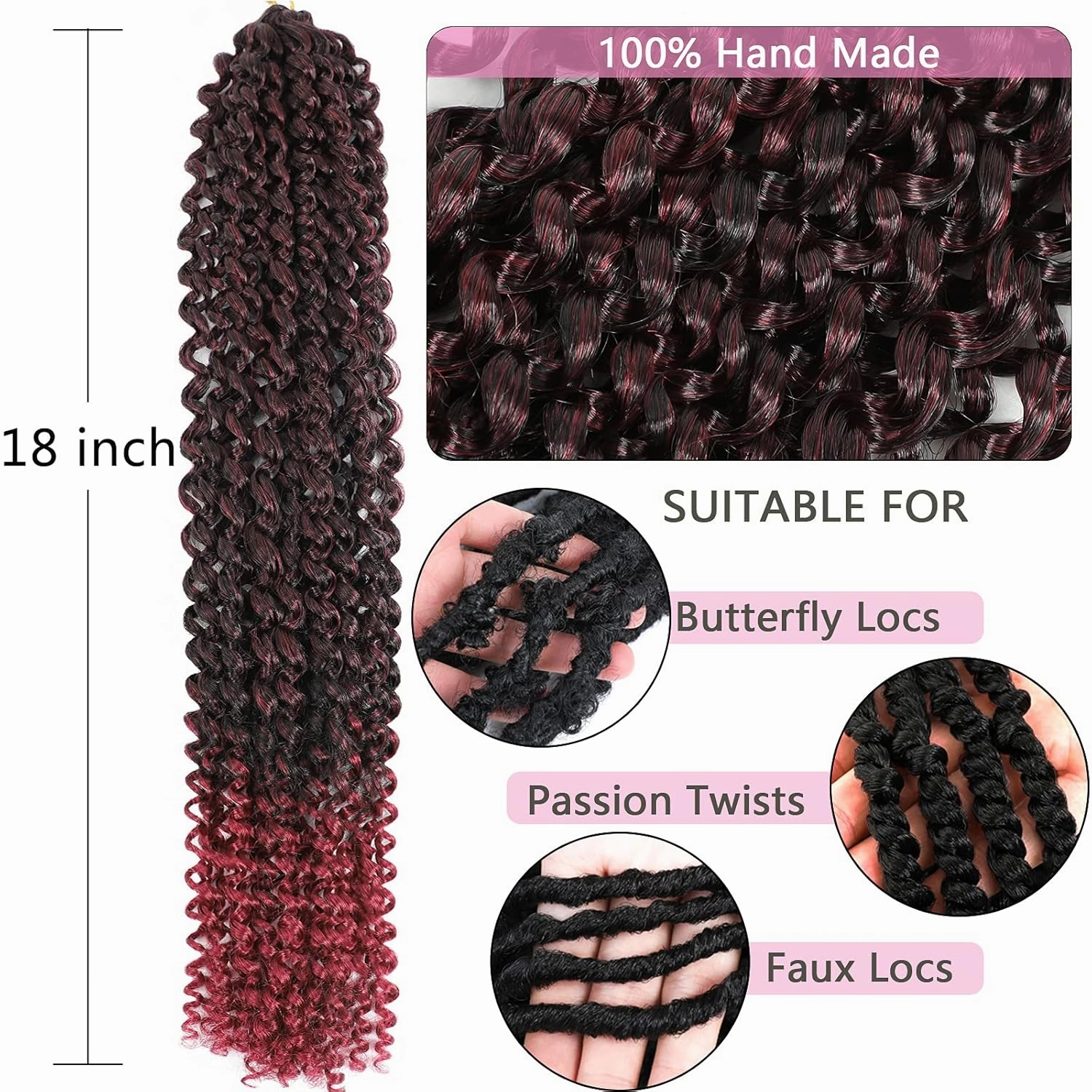 Passion Twist Hair Burgundy Red 18 Inch 8 Packs Passion Twist Crochet Hair Water Wave Braiding Hair Long Spring Twist Hair Crochet Braids Synthetic Hair Extension (18 Inch (Pack of 8), TBG)