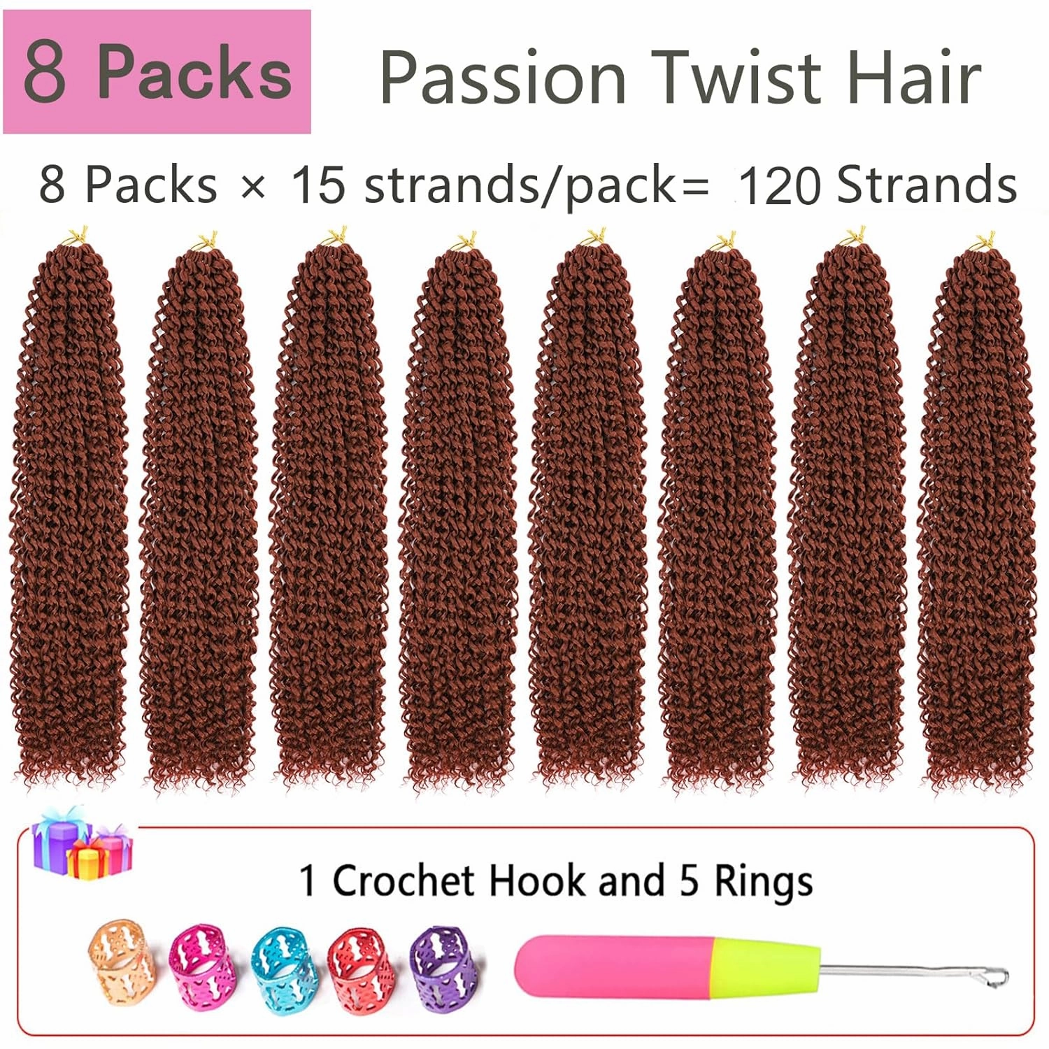 Passion Twist Hair Copper Red 24 Inch 8 Packs Water Wave Crochet Hair For Women Curly Braiding Hair Long Spring Twist Hair Crochet Braids Synthetic Hair Extension (24 Inch (Pack of 8), 350#)
