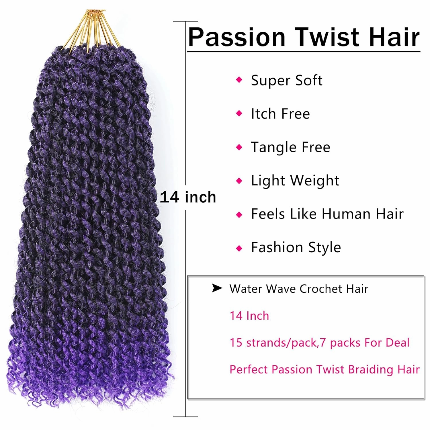 Passion Twist Hair Purple,14 Inch 7 Packs Passion Twist Braiding Hair,Water Wave Crochet Hair For Wrapping Passion Twists/Butterfly Locs/Spring Twist Crochet Braids Boho Crochet Hair(14in,1B/Purple#)