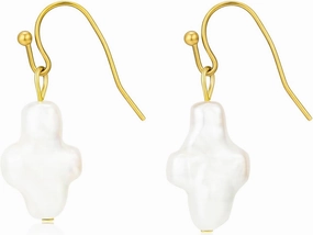 Pearl Cross Earrings Real Freshwater Baroque Pearl Dangle for Women Summer Beach Beachy Jewelry