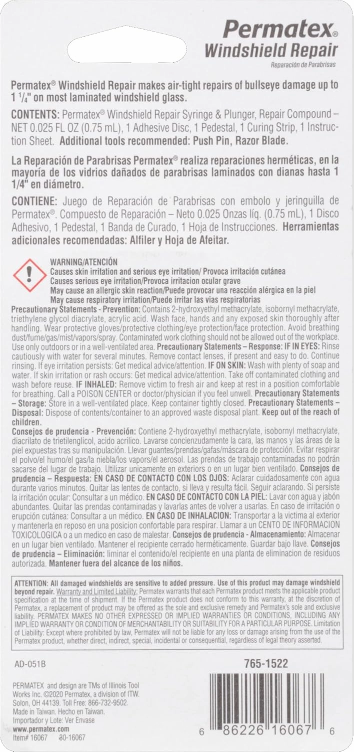 Permatex 16067 Bullseye Windshield Repair Kit, .025 oz. Syringe, .025 Ounce Syringe , White
