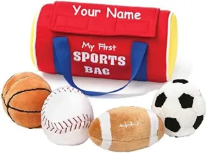 Personalized My First Sports Bag Stuffed Plush Playset with Mini Plush Basketball Baseball Football and Soccer Ball - 8 Inches RED