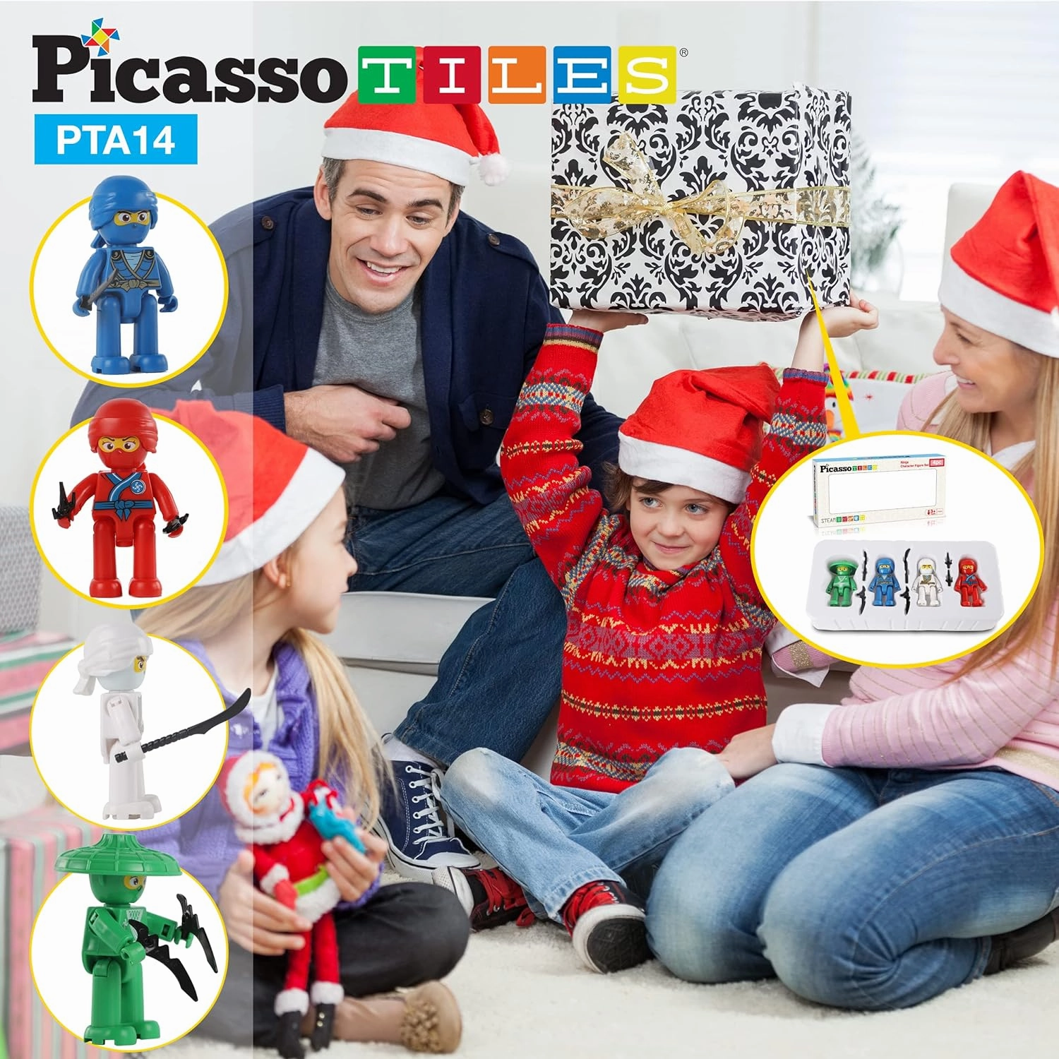 Picasso Toys Magnetic Figures 4 Piece Ninja Character Action Building Block Tiles Toddler Toy Set Magnet Expansion Pack Ages 3 and up Educational STEM Learning Kit Pretend Playset Construction PTA14