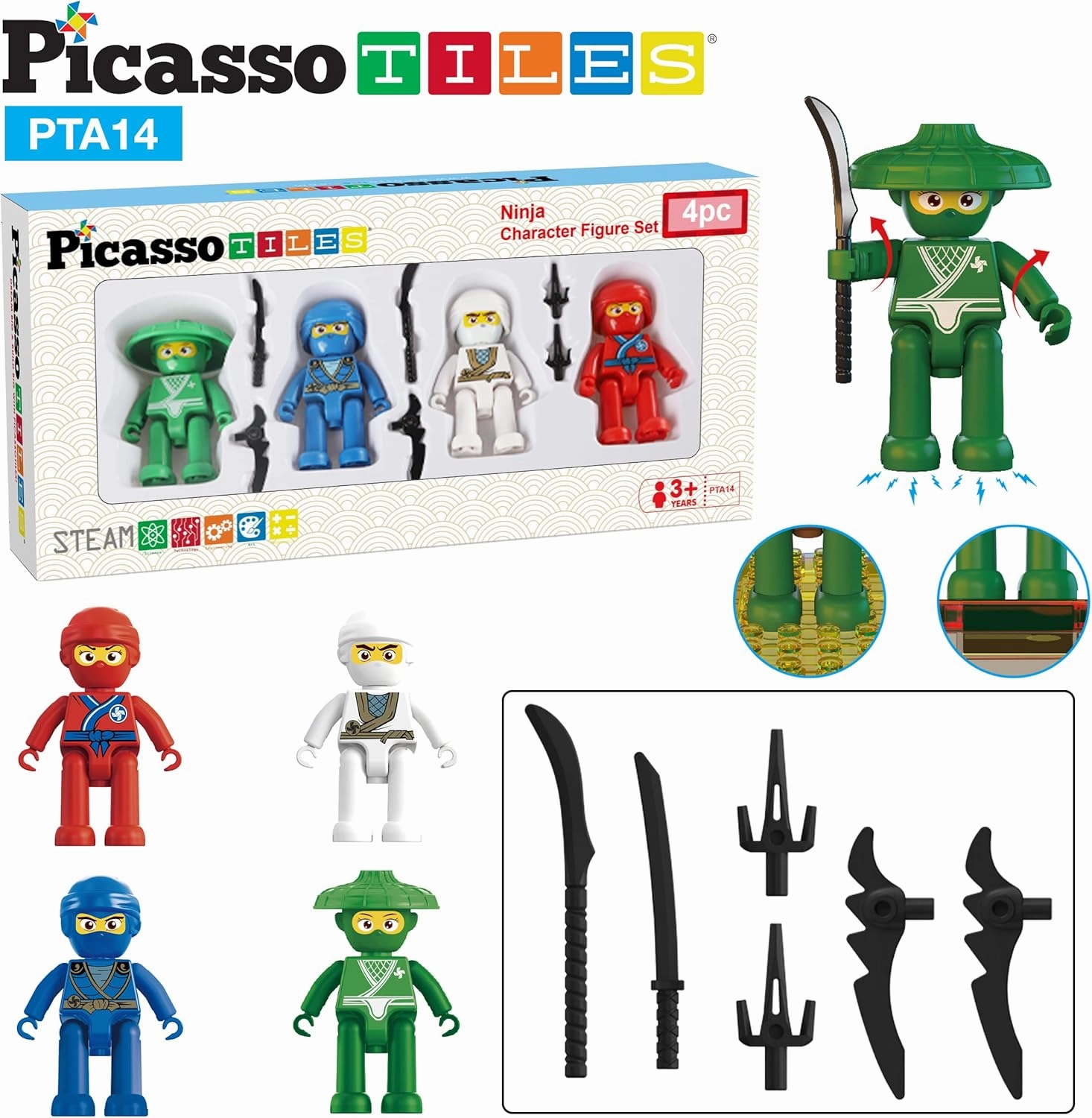 Picasso Toys Magnetic Figures 4 Piece Ninja Character Action Building Block Tiles Toddler Toy Set Magnet Expansion Pack Ages 3 and up Educational STEM Learning Kit Pretend Playset Construction PTA14