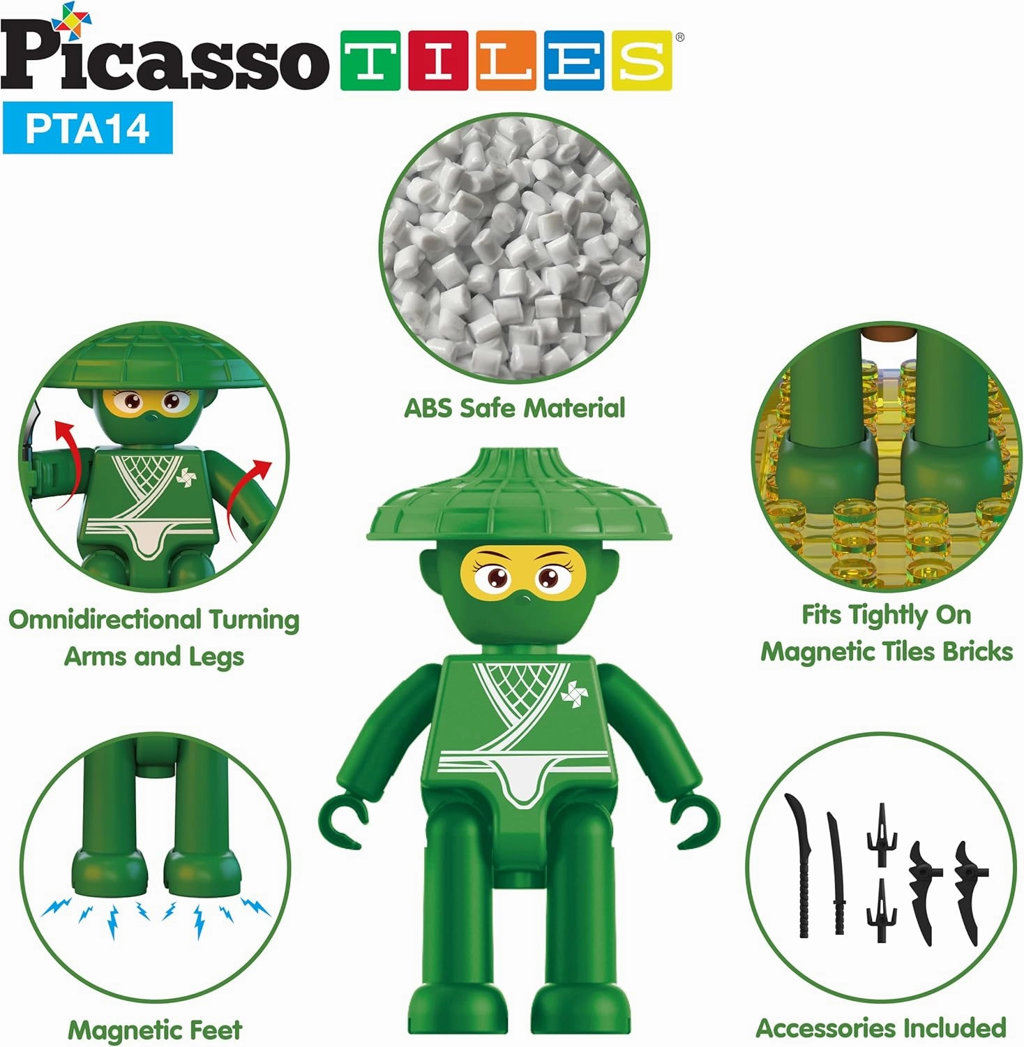Picasso Toys Magnetic Figures 4 Piece Ninja Character Action Building Block Tiles Toddler Toy Set Magnet Expansion Pack Ages 3 and up Educational STEM Learning Kit Pretend Playset Construction PTA14