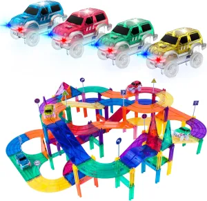 PicassoTiles 150 Piece Race Car Track Building Block Educational Toy Set Magnet Tile Magnetic Blocks Playset 4 Cars Early STEM Learning Construction Kit Hand-Eye Fine Motor Skill Brain Training PTR150