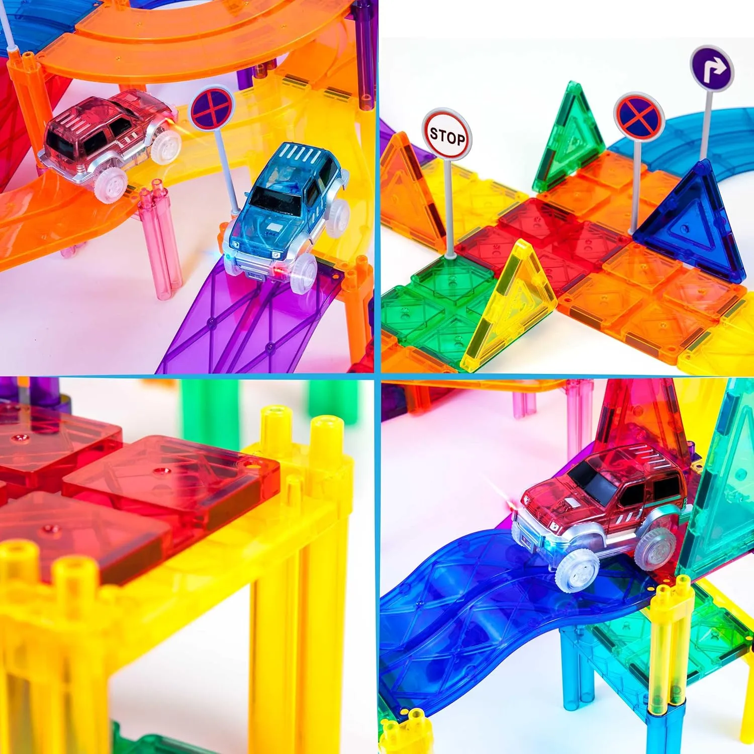 PicassoTiles 150 Piece Race Car Track Building Block Educational Toy Set Magnet Tile Magnetic Blocks Playset 4 Cars Early STEM Learning Construction Kit Hand-Eye Fine Motor Skill Brain Training PTR150