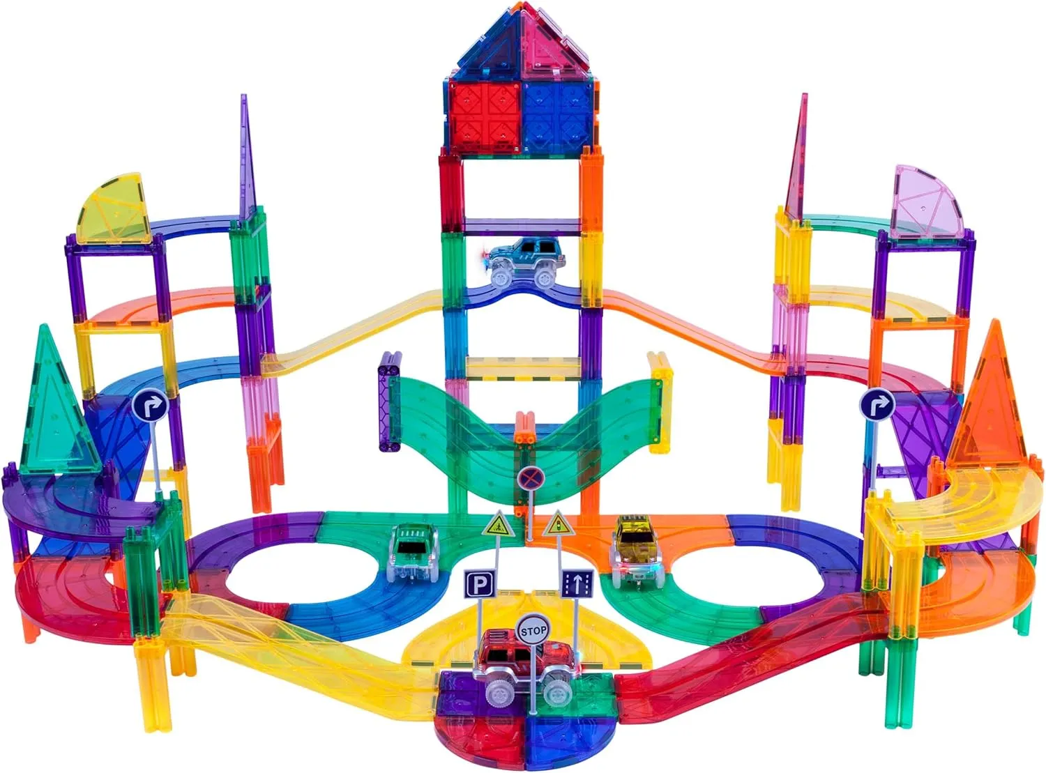 PicassoTiles 150 Piece Race Car Track Building Block Educational Toy Set Magnet Tile Magnetic Blocks Playset 4 Cars Early STEM Learning Construction Kit Hand-Eye Fine Motor Skill Brain Training PTR150