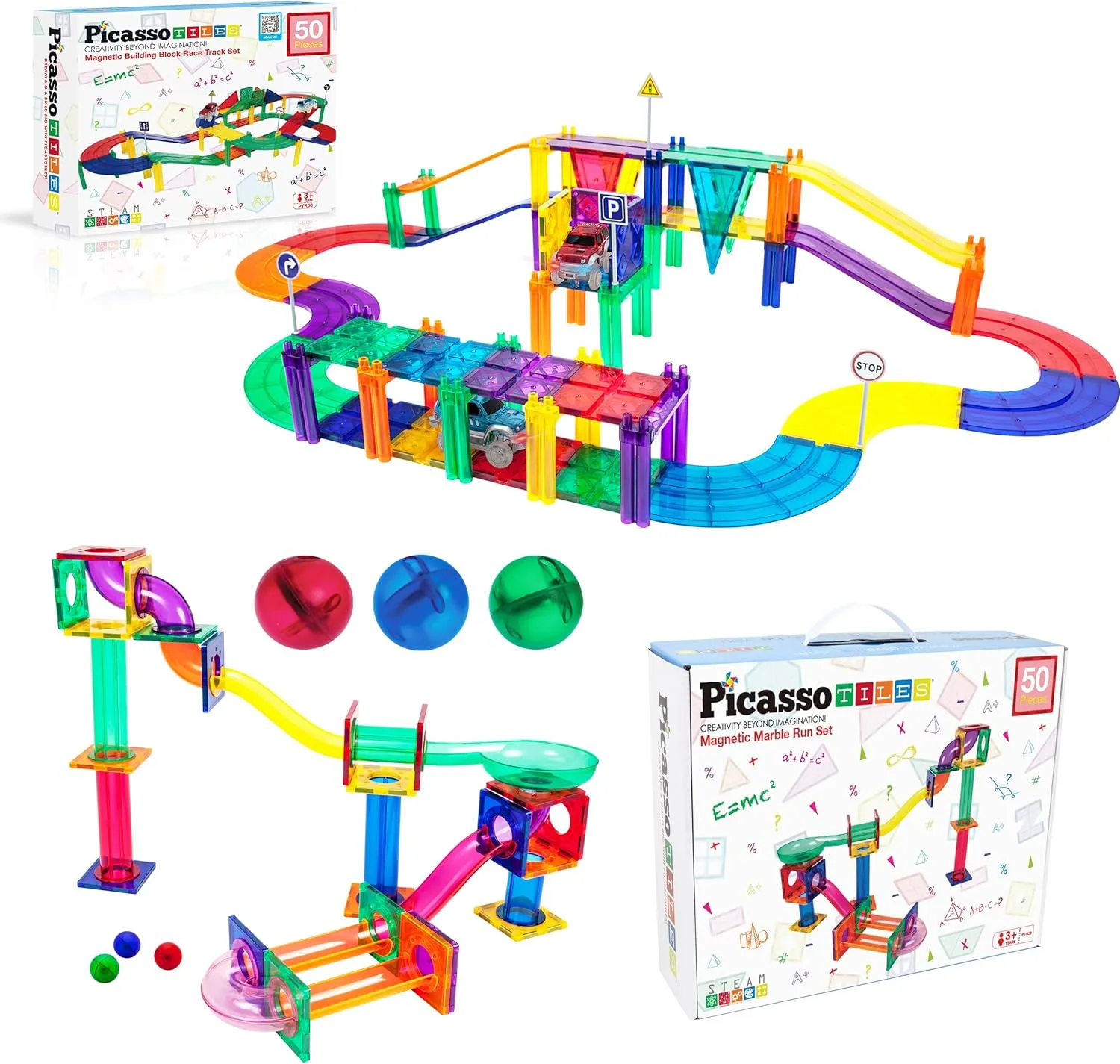 PicassoTiles 50PC Marble Run   50PC Magnetic Race Car Track, Fun & Creative Playset: STEAM Learning, Enhance Construction Skills, Hand-Eye Coordination and Fine Motor Skills, Gift for Boys and Girls